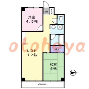 楽器ピアノ可相談 の 賃貸物件 2LDK 8万円の図面１