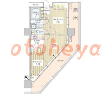 楽器ピアノ可相談 の 賃貸物件 2DK 23.9万円の図面１