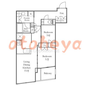 楽器ピアノ可相談 の 賃貸物件 2LDK 38万円の図面１