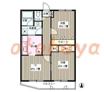 楽器ピアノ可相談 の 賃貸物件 2DK 11.5万円の図面１