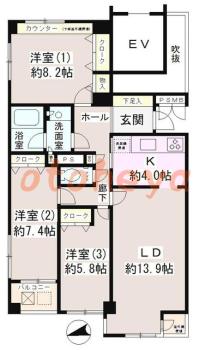 楽器ピアノ可相談 の 賃貸物件 3LDK 24万円の図面１