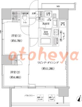 楽器ピアノ可相談 の 賃貸物件 2LDK 26万円の図面１