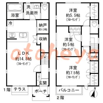 楽器ピアノ可相談 の 賃貸物件 3SLDK 37万円の図面１